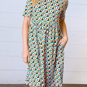 Aqua & Pink Fit & Flare Geometric Midi Dress